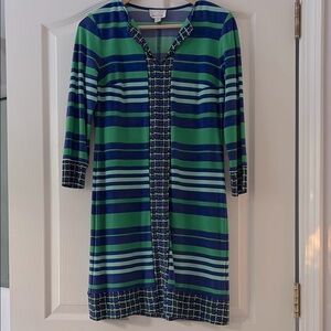Donna Morgan Blue and Green Sheath Dress with 3/4 Sleeves